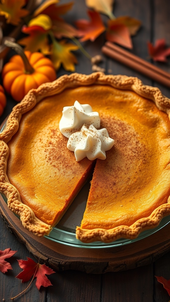 A classic pumpkin pie with whipped cream and cinnamon, on a wooden table with autumn decorations.